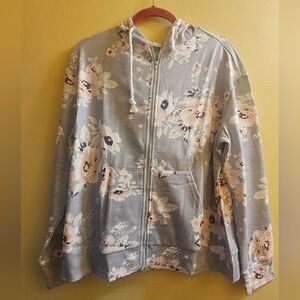 Grey Floral Hoodie with full zipper Grey With White Flowers Small And Large